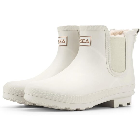 ⚡Women's White Pull On Plush Rain Ankle Snow Boots Waterproof Chelsea Rubber - Picture 1 of 6